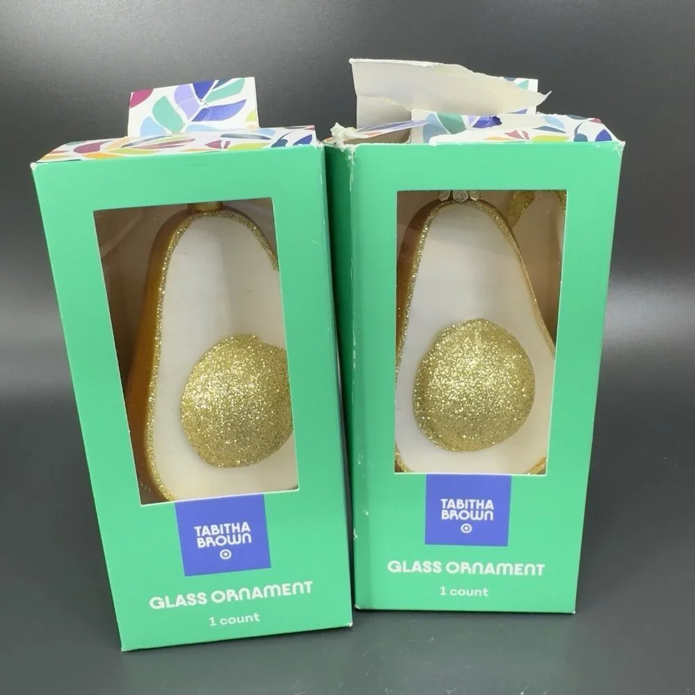 Tabitha Brown Glittery Golden Avocado Glass‎ Ornament Set 2 New In Box Gold Tone